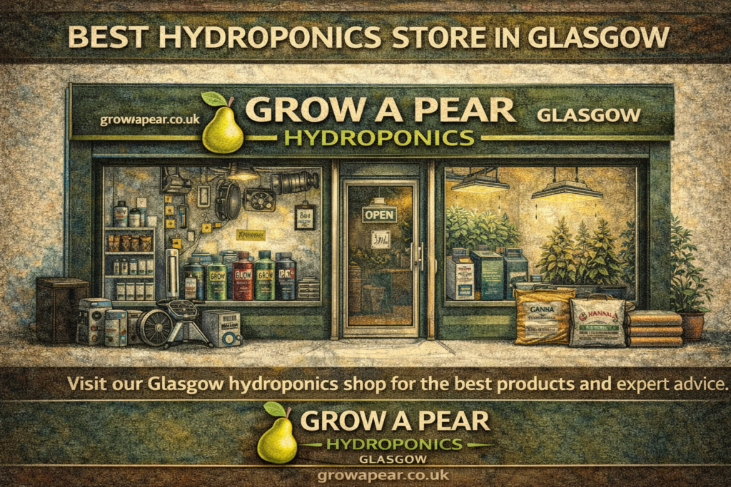 Grow a Pear Hydroponics store in Glasgow offering hydroponic equipment grow lights nutrients and indoor growing supplies