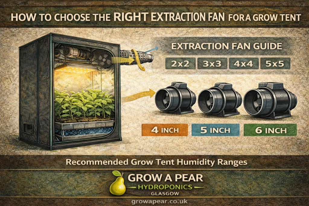 Grow tent extraction fan size guide showing recommended fan sizes for 2x2, 3x3, 4x4 and 5x5 grow tents