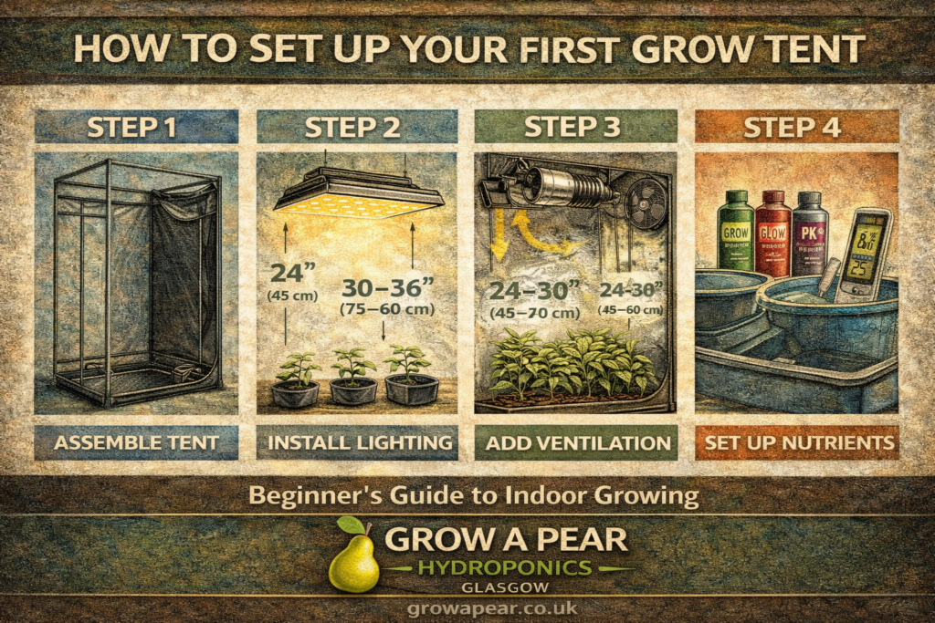 Grow tent setup guide showing steps to assemble a grow tent install lighting add ventilation and prepare nutrients for indoor growing